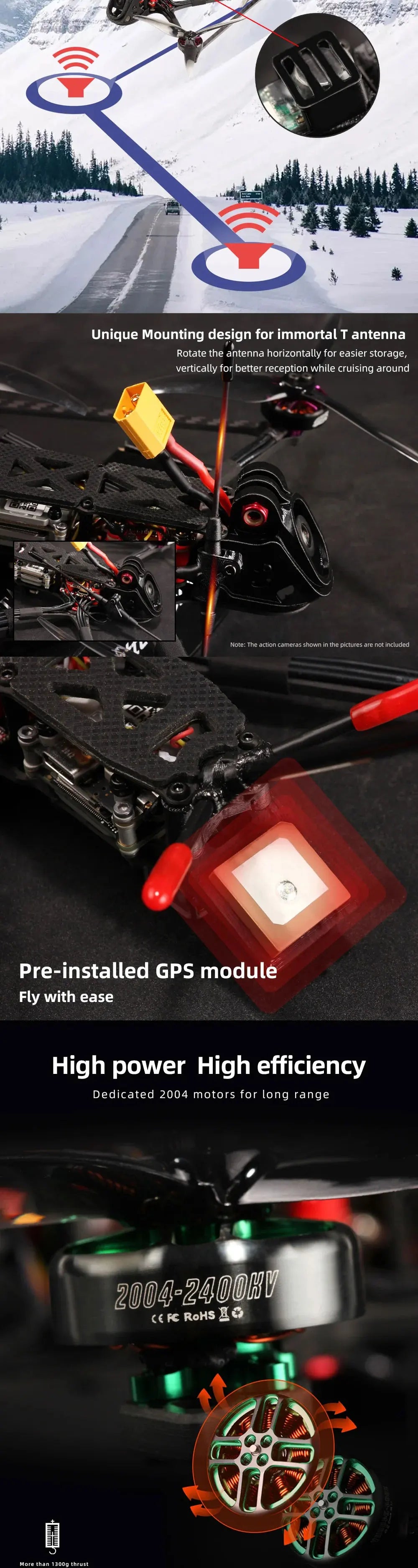 HGLRC Rekon 5 Mini Long Range Quad Digital Version, action cameras shown the pictures are not included Pre-installed GPS module Fly with ease High