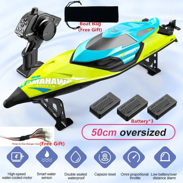 Tccicadas 50CM RC Boat, TCCICADAS RC boat features high speed, range, capsize reset, waterproofing, smart alarm, and omni throttle control.