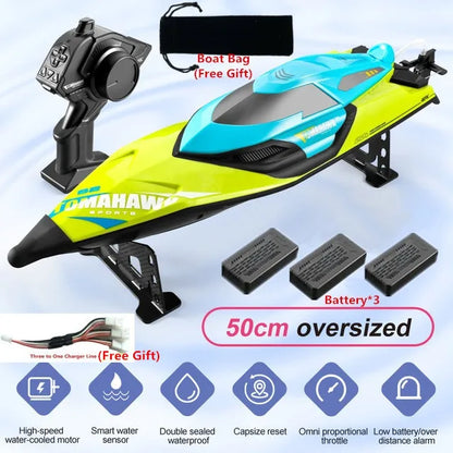 Tccicadas 50CM RC Boat, TCCICADAS RC boat features high speed, range, capsize reset, waterproofing, smart alarm, and omni throttle control.