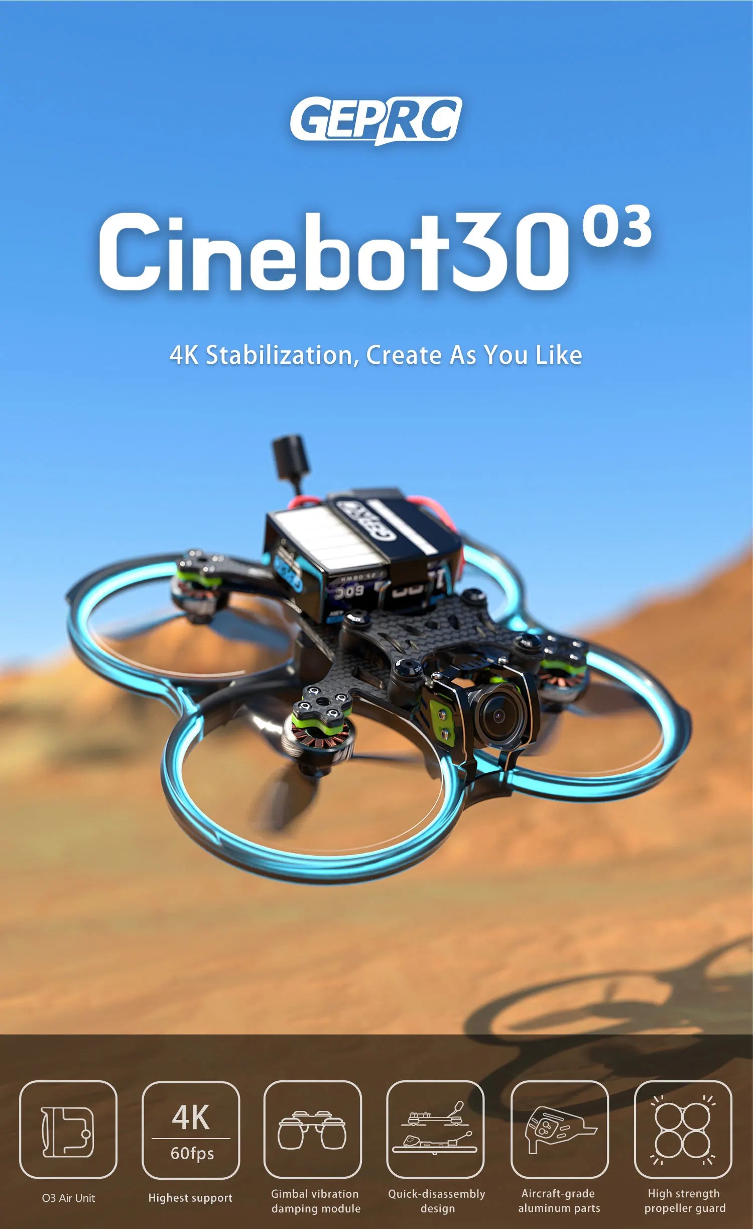GEPRC Cinebot30 FPV Drone HD O3 System 6S 2450KV VTX O3 Air Unit 4K 60fps Video 155 Wide-angle RC FPV Quadcopter Freestyle Drone 9 GEPRC Cinebot30 FPV Drone, GEPRC Cinebot30o3 4K Stabilization, Create As You Like 4