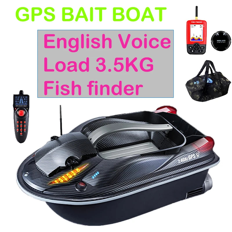 HJ817 RC Fishing Boat, GPS bait boat with English voice, 3.5kg load, fish finder, dual motors, 9km/h speed, 500m range, 12V 12000mAh battery, auto-return feature.