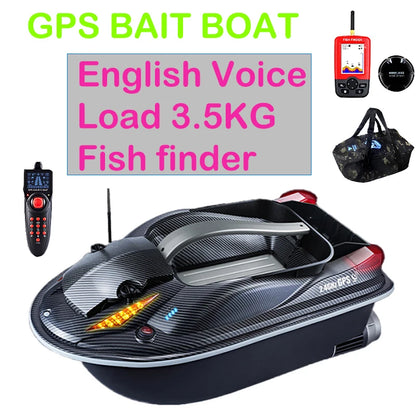 HJ817 RC Fishing Boat, GPS bait boat with English voice, 3.5kg load, fish finder, dual motors, 9km/h speed, 500m range, 12V 12000mAh battery, auto-return feature.