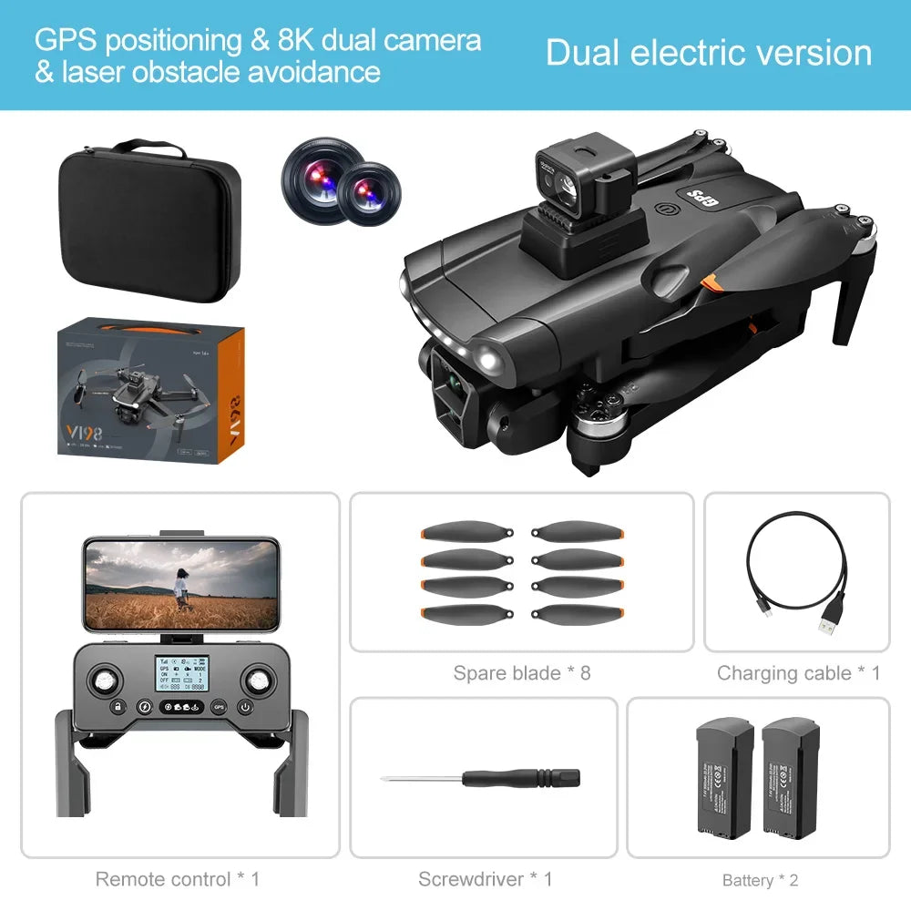 V198 MAX PRO Drone, Drone with dual camera, laser obstacle avoidance, and various accessories including spare blade, charging cable, remote control, screwdriver, and battery.