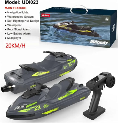 udiRC UDI023 RC Boat, UDI023 RC boat features 2.4G remote, waterproof design, self-righting, water-cooling, LED lights, 20km/h speed, alarms for low battery/signal, and multiplayer support.