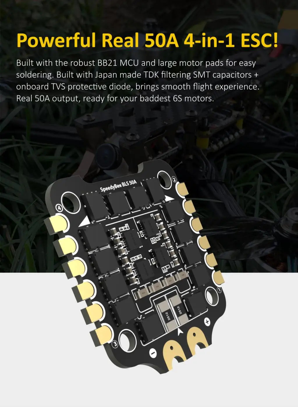 SpeedyBee F405 V3, Built with the robust BB21 MCU and large motor pads for easy soldering 