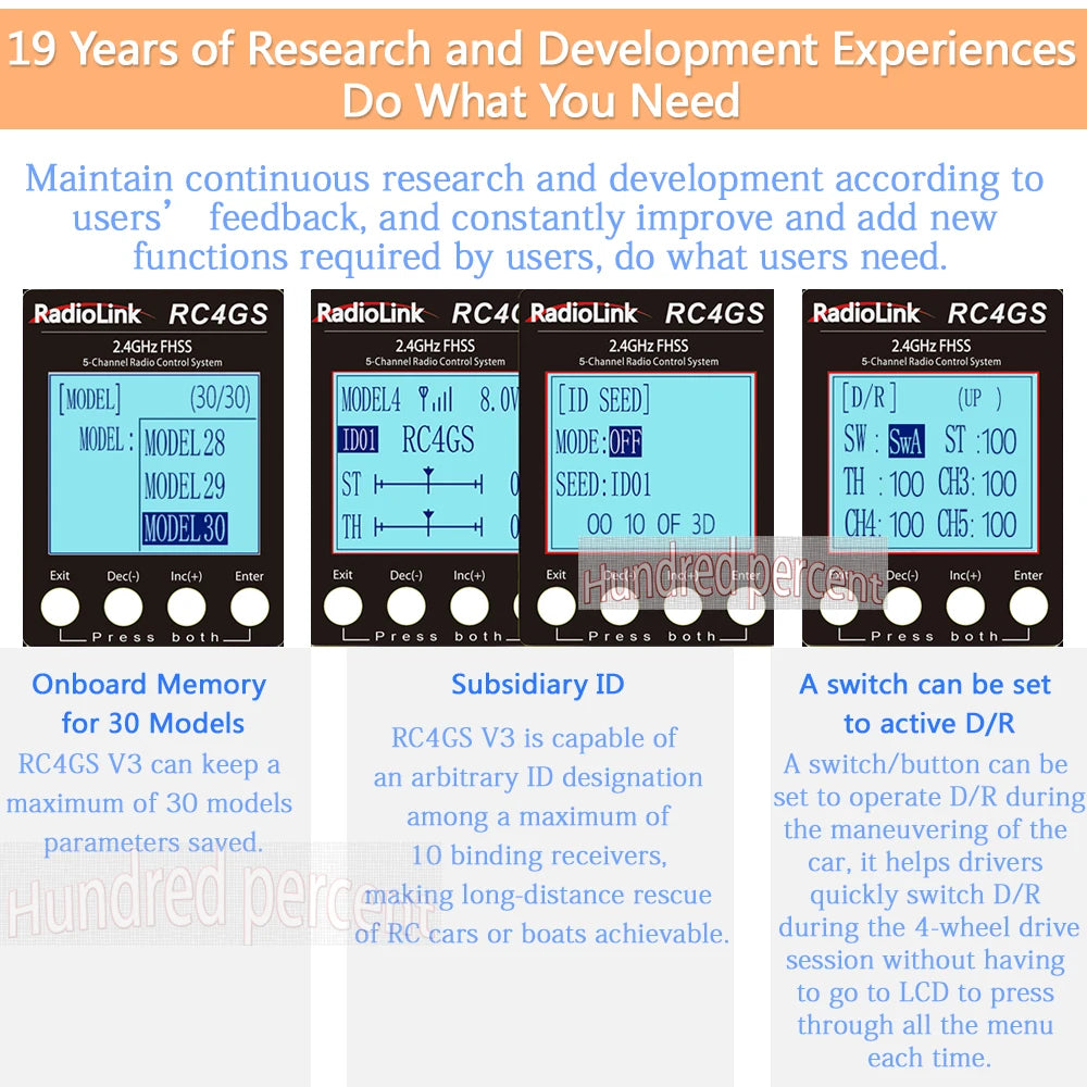 RadioLink RC4GS V3 - 2.4G 4CH 5CH 7CH 400M Distance Remote Controller Transmitter + R6Fg Gyro Inside Receiver for RC Car Boat V4V5 23 RadioLink RC4GS V3, RCAGS V3 can keep an arbitrary ID A switch/button can be maximum