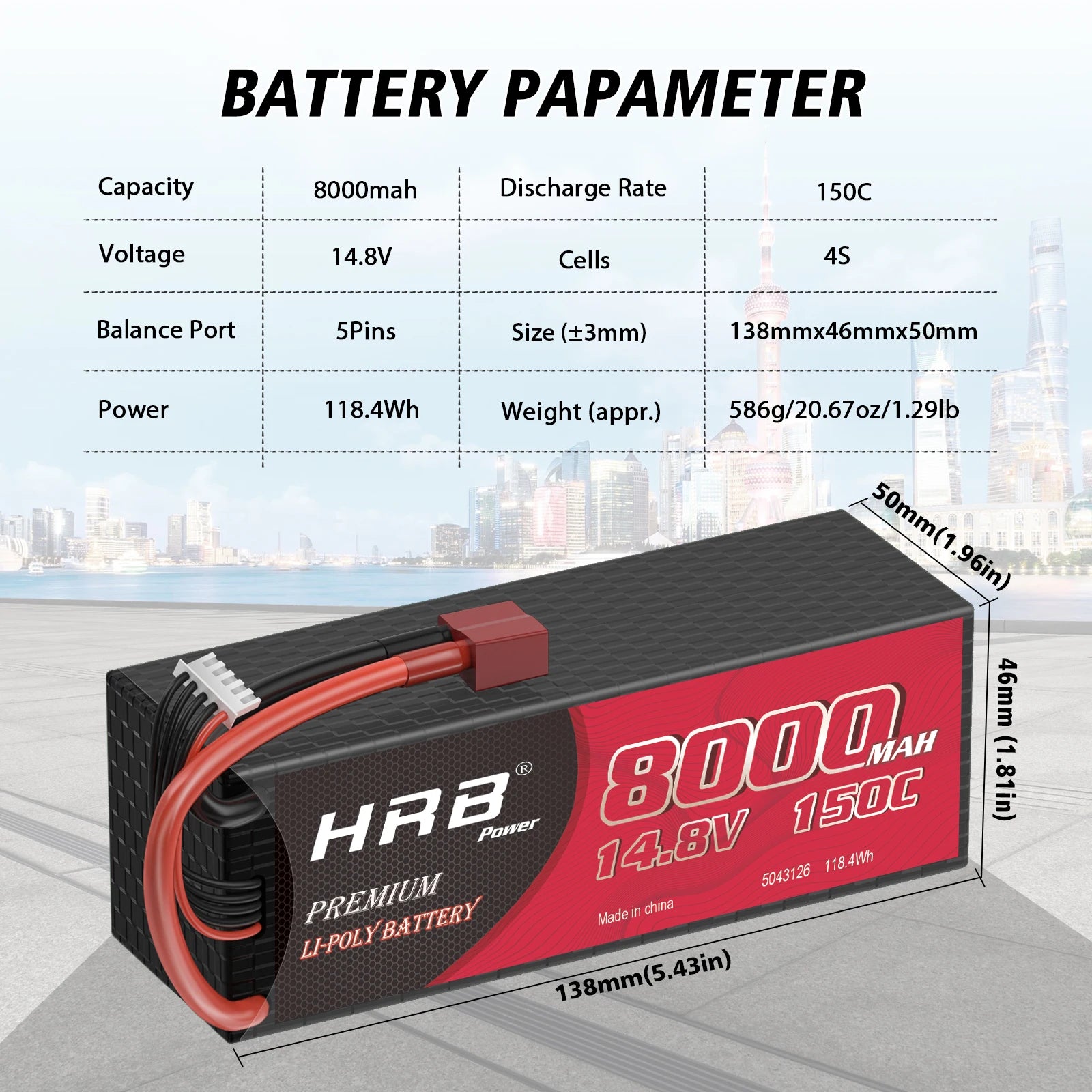 2PCS HRB 7.4V 2S 3S 4S Lipo Battery, BATTERY PAPAMETER Capacity 80OOmah Discharge Rate