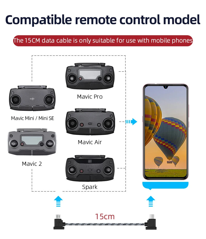 OTG Data Cable for DJI Mavic 2/Mini/SE/Pro/Air/Spark Drone Remote Control to Phone Tablet Micro USB Type-C IOS Connector Line 36 Compatible remote control model The 15CM data cable is only suitable for use with mobile phones Mavic