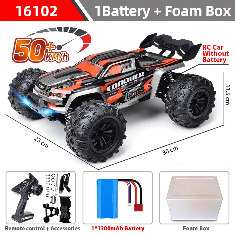 RC Buggy 16102: 50+ km/h, 4WD, metal chassis, 2.4GHz, includes battery and foam box.