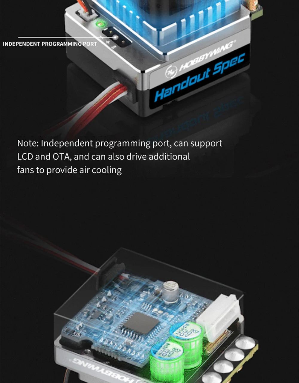 HOBBYWING XERUN XR10 Justock G3, can support LCD and OTA,and can also drive additional fans to provide air cooling .