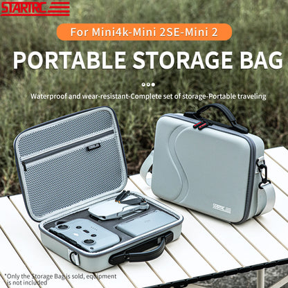 StartRC Portable Storage Bag, A portable storage bag for DJI Mini drones, featuring a PU travel case and shoulder strap, suitable for RC-N1 and RC-N1C models.