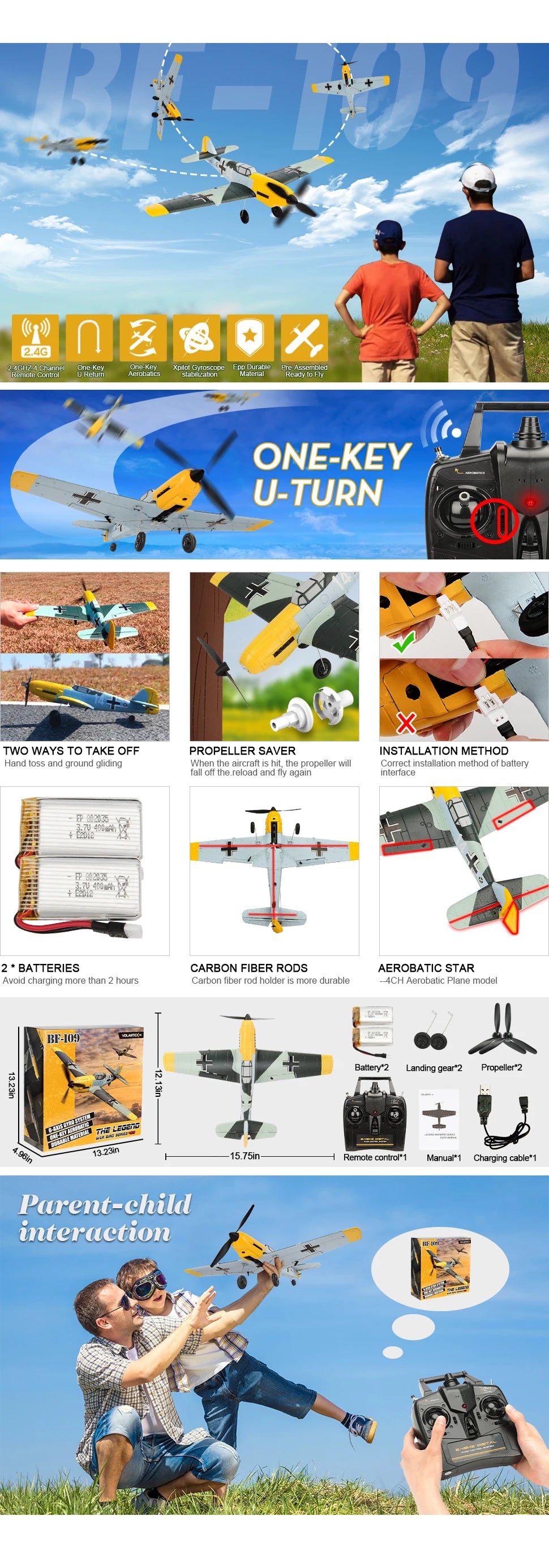 BF109 Remote Control Airplane - 2.4GHz 4CH 400mm Wingspan One Key U-Turn Aerobatic RC Plane RC Warbird Gift Toys 761-11 11 BF109 Remote Control Airplane, Aerobatics stabilization Material ready to fly ONE-KEY U-TURN