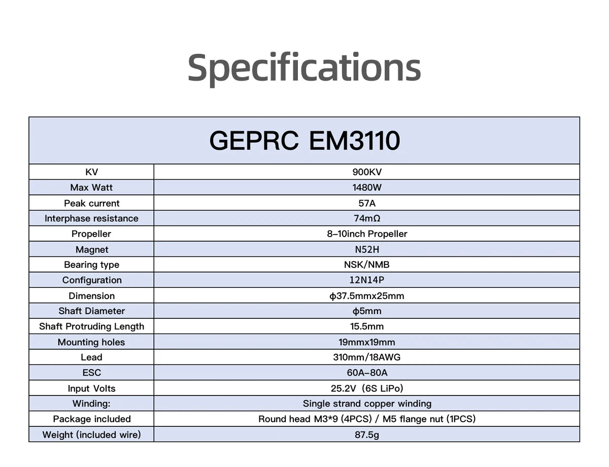GEPRC EM2812 EM3110 EM3115 900KV Motor - 60A-80A Brushless Motor Black with 7/8/9/10 Inch RC FPV Racing Drone Multicopter 13 GEPRC EM2812 EM3110 EM3115 900KV Motor, Specifications GEPRC EM311O KV 9OOKV Max Watt 14