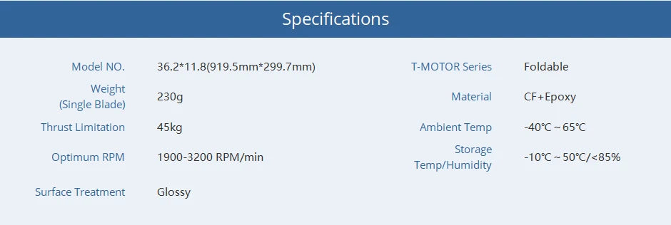 T-motor FA36.2*11.8 CF Foldable Propeller, T-MOTOR Series Foldable Weight 230g Material CF+Epoxy (