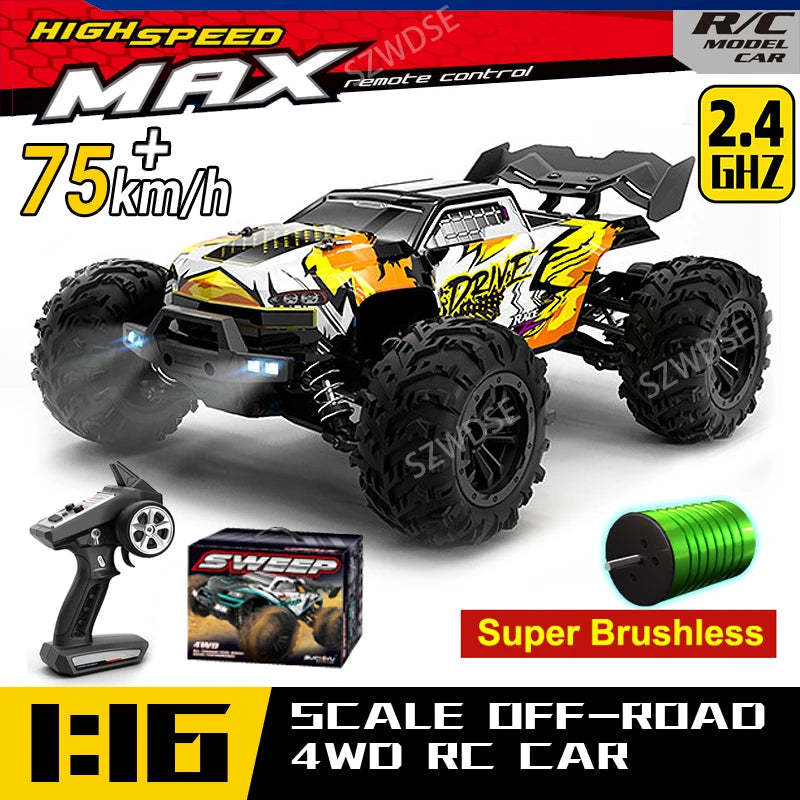 WLtoys 16101 Pro 1:16 RC Car, High-speed 75 km/h, 1:16 scale, 4WD brushless RC off-road truck with 2.4 GHz control and LED headlights.