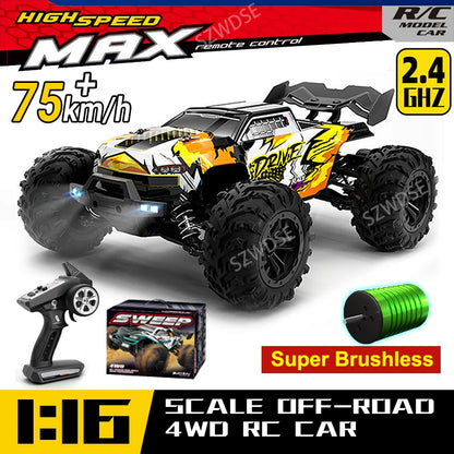 WLtoys 16101 Pro 1:16 RC Car, High-speed 75 km/h, 1:16 scale, 4WD brushless RC off-road truck with 2.4 GHz control and LED headlights.