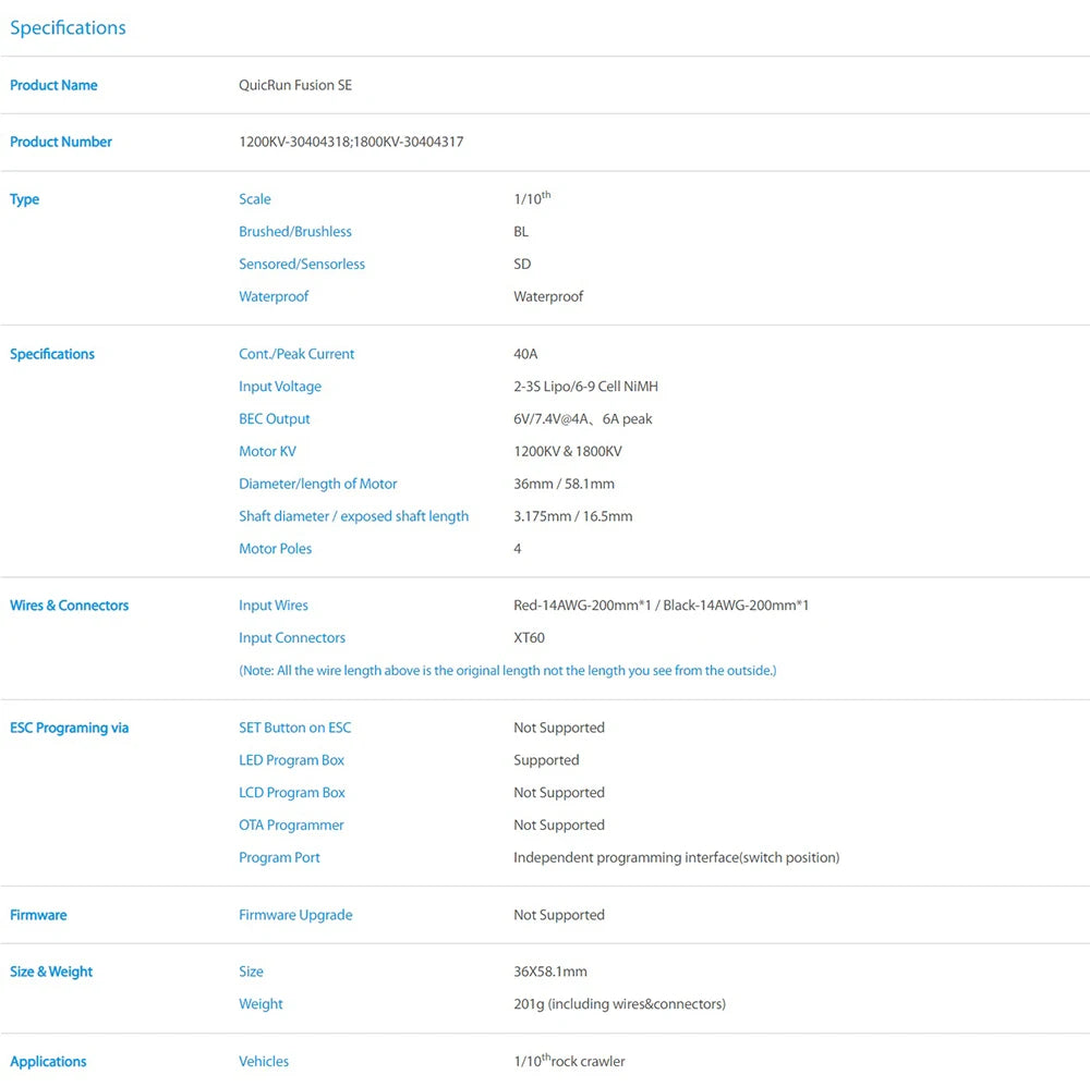 Hobbywing Quicrun Fusion Se, Specifications QuicRun Fusion SE 1200KV-30404318;1800