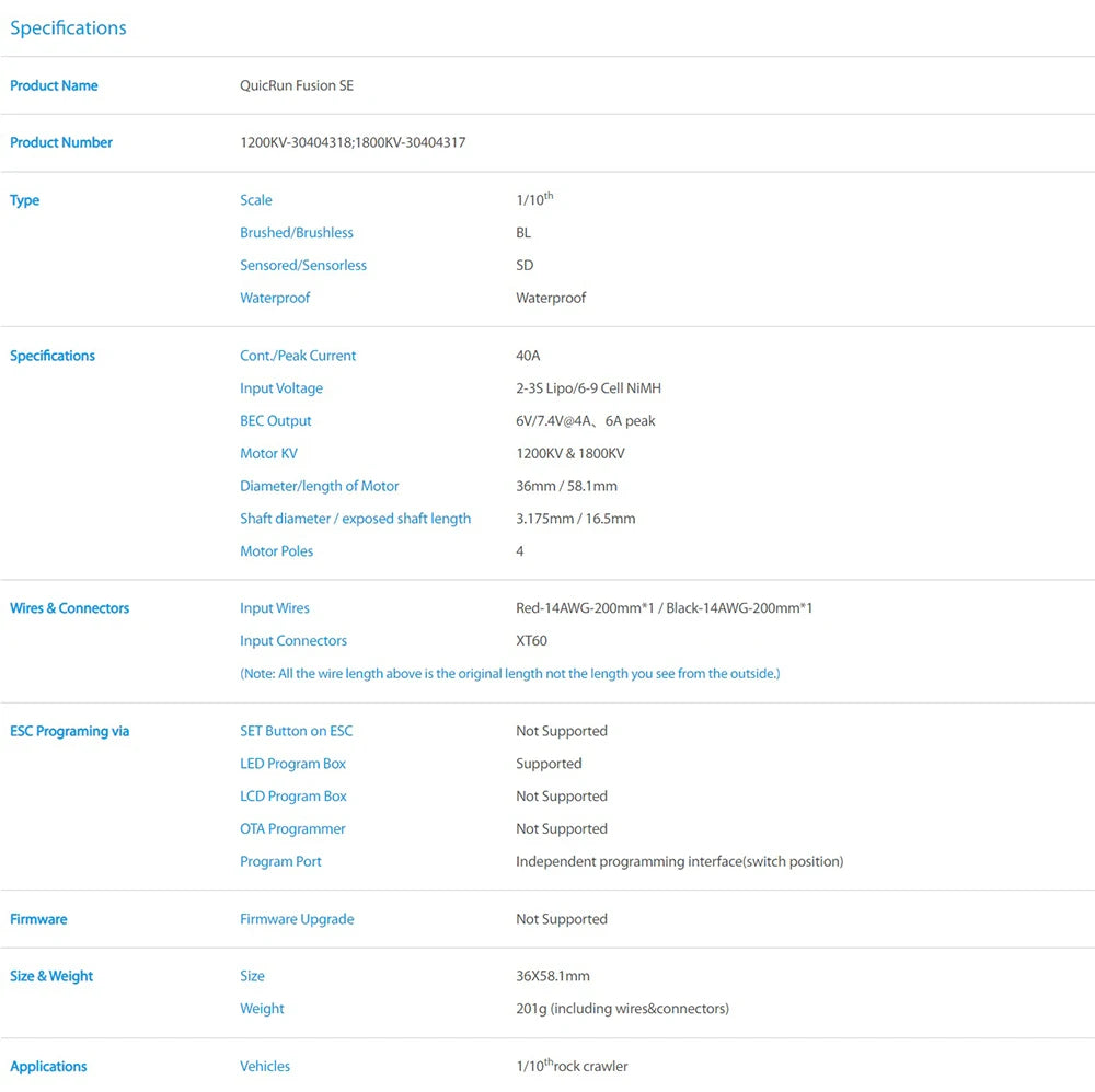 Hobbywing Quicrun Fusion Se - 40a 1800kv 1200kv Combined Motor Esc For 1/10 1/8 Rc Model Car Crawler Accessories 15 Hobbywing Quicrun Fusion Se, Specifications QuicRun Fusion SE 1200KV-30404318;1800