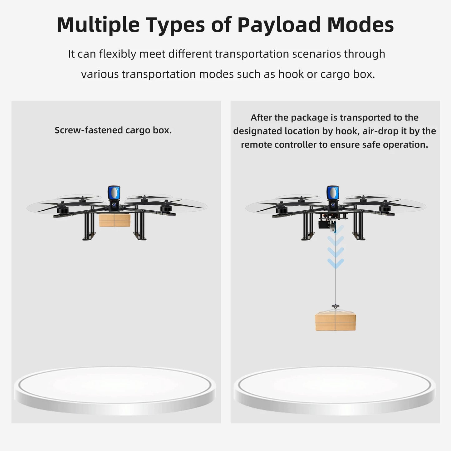 The RadioLink M435 drone offers flexible and safe delivery with multiple payload modes, including screw-fastened cargo boxes and hook transport.