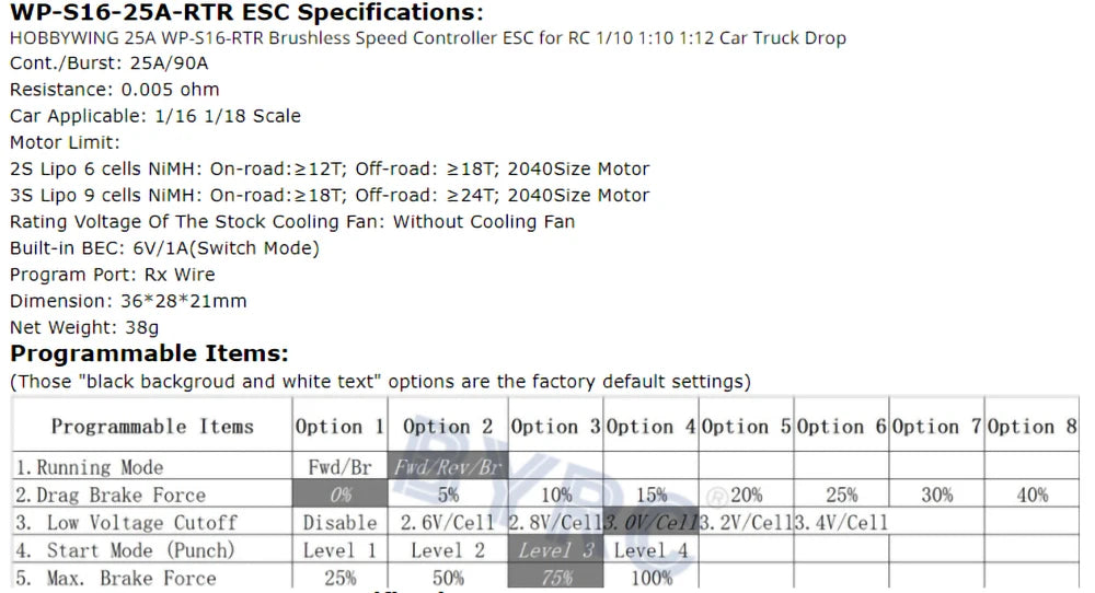 Waterproof speed controller for brushless motors in 1/10 to 1/5 scale RC cars.