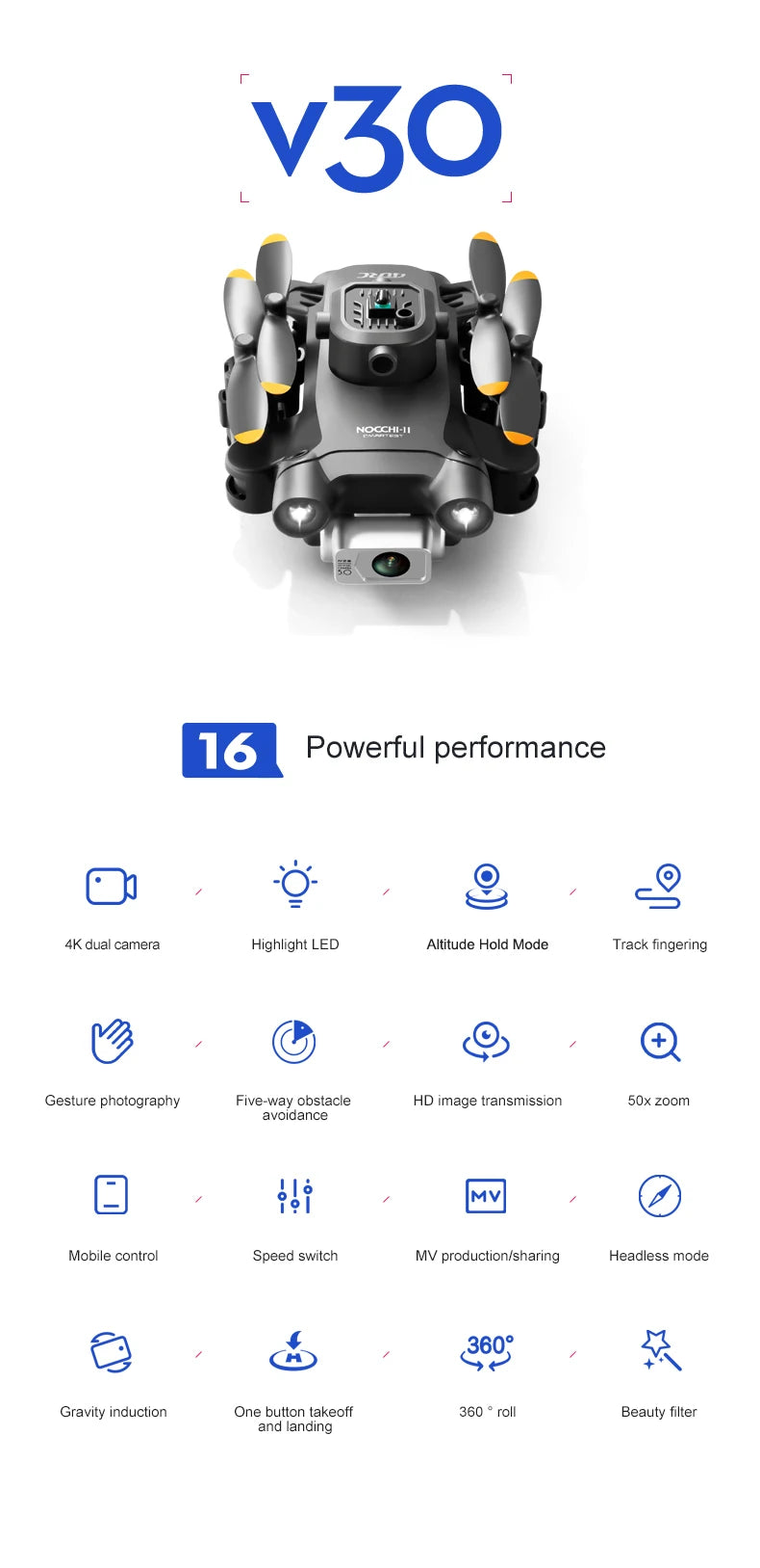 4DRC V30 Mini Drone, v3o nocchi-i 16 powerful performance 4k