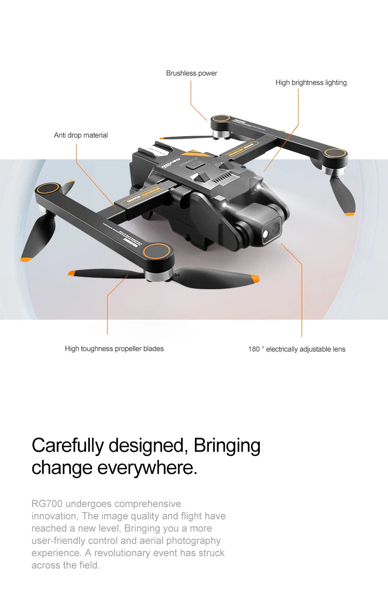 RG700 Pro Drone, Revolutionary drone performance: brushless power, high brightness lighting, and adjustable lens for exceptional aerial photography.