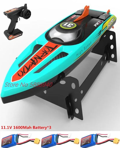 Tccicadas S002 Brushless Waterproof RC Boat, High-speed Tornado RC boat: 80km/h, brushless motor, 2.4G control, 200m range, waterproof, capsize reset, LED lights, includes 3 batteries, ready-to-run. (24 words)