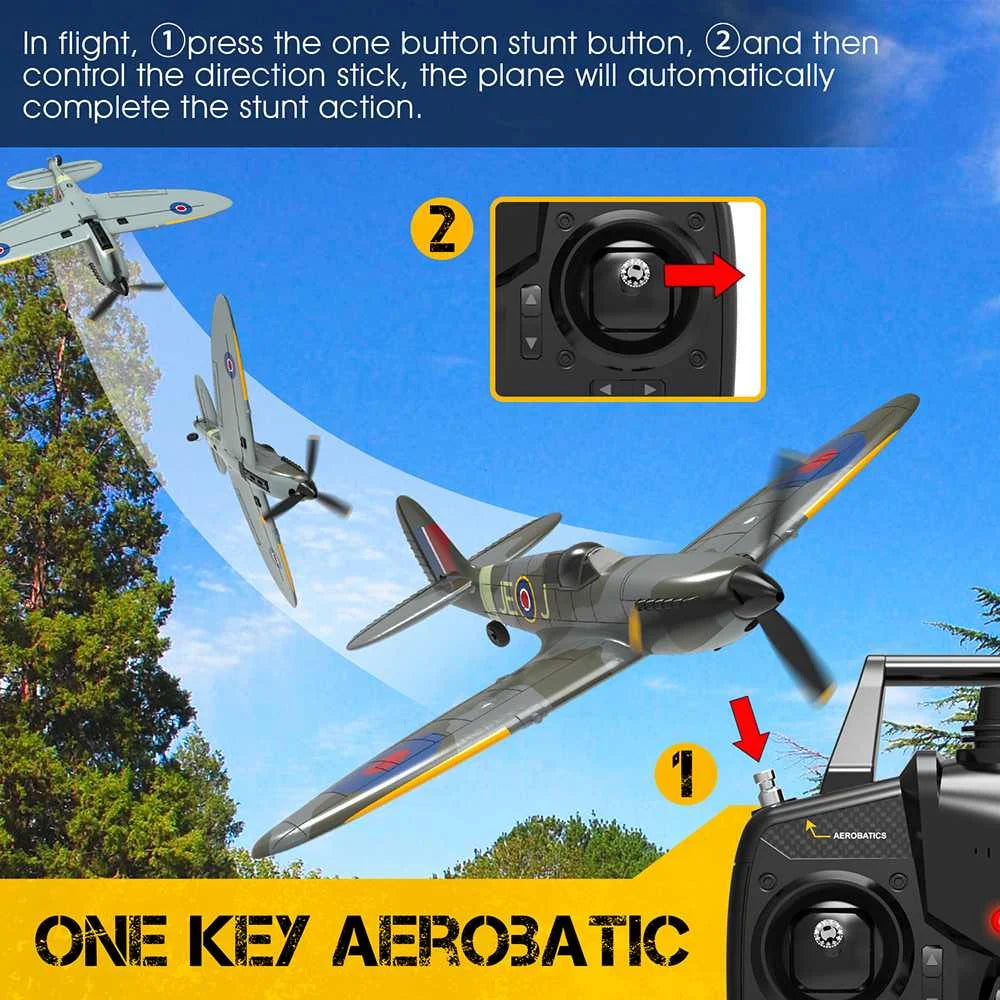 Eachine Spitfire RC Airplane, in flight, Opress the one button stunt button, Qand then control the direction stick,