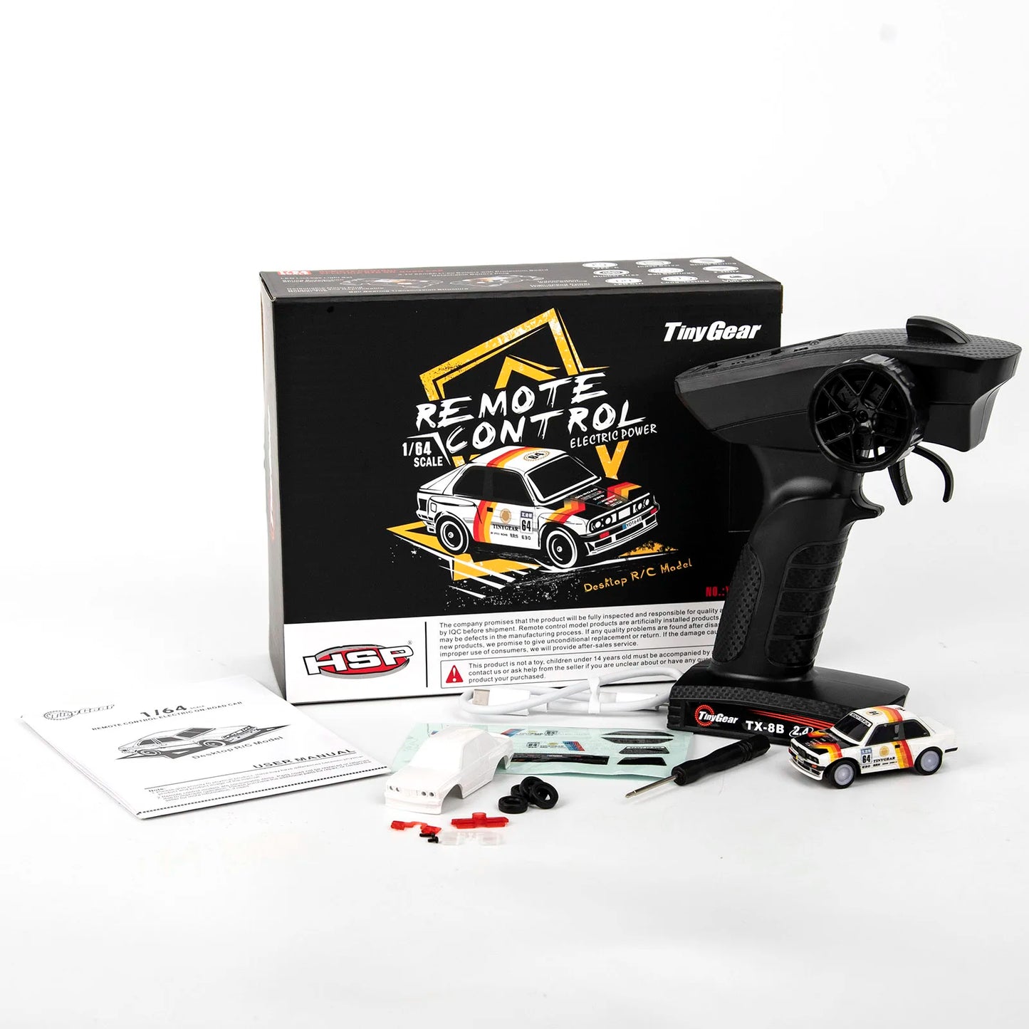 HSP TinyGear TX-8B 1/64 Rc Car, HSP TinyGear TX-8B 1/64 RC car features 2.4GHz control, LED lights, 35min runtime, Type-C charging, mini drift design, RTR with remote, manual, and accessories; ideal desktop electric model under 20m range.