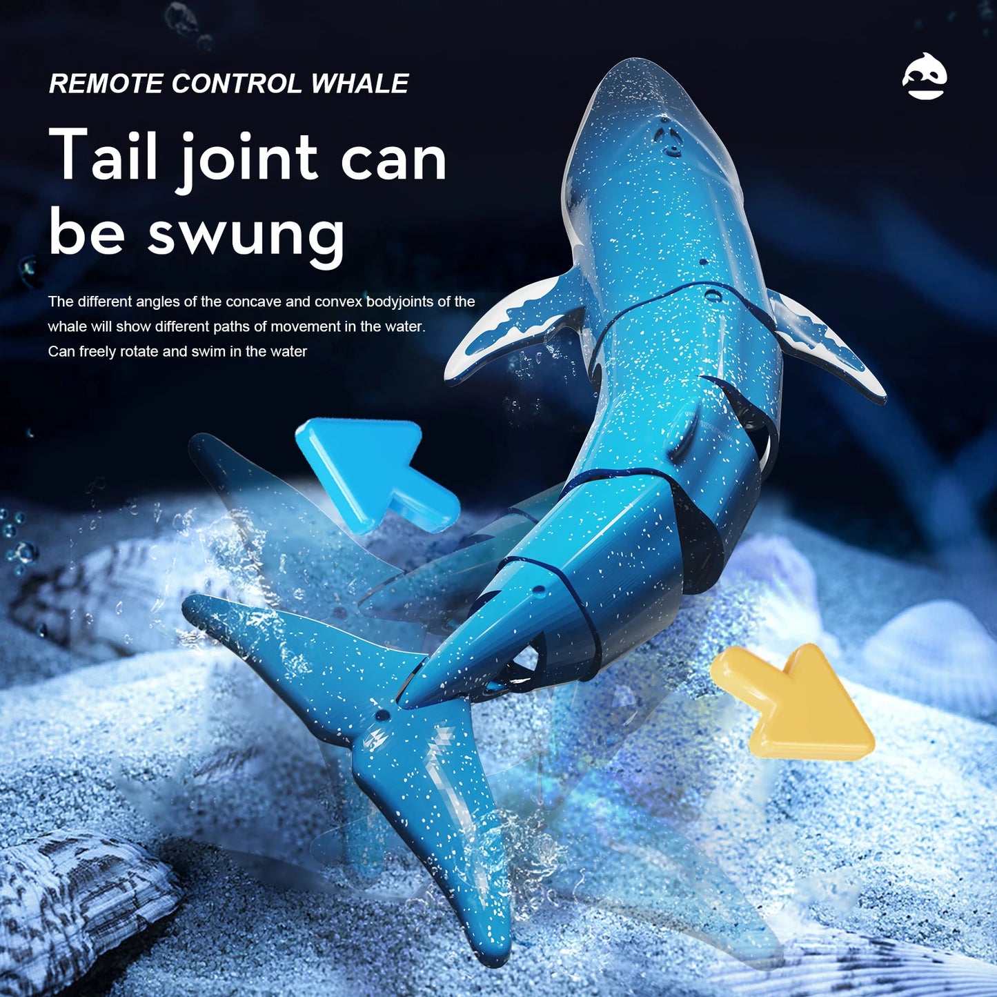 Remote control whale with swiveling tail joint, featuring flexible movement and rotation in water.