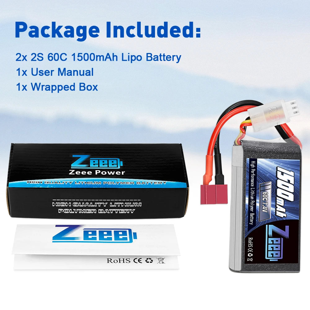 2Units Zeee Lipo Battery, Zeee RC Lipo Battery 2S 7.4V 60C 1500mAh Soft Case