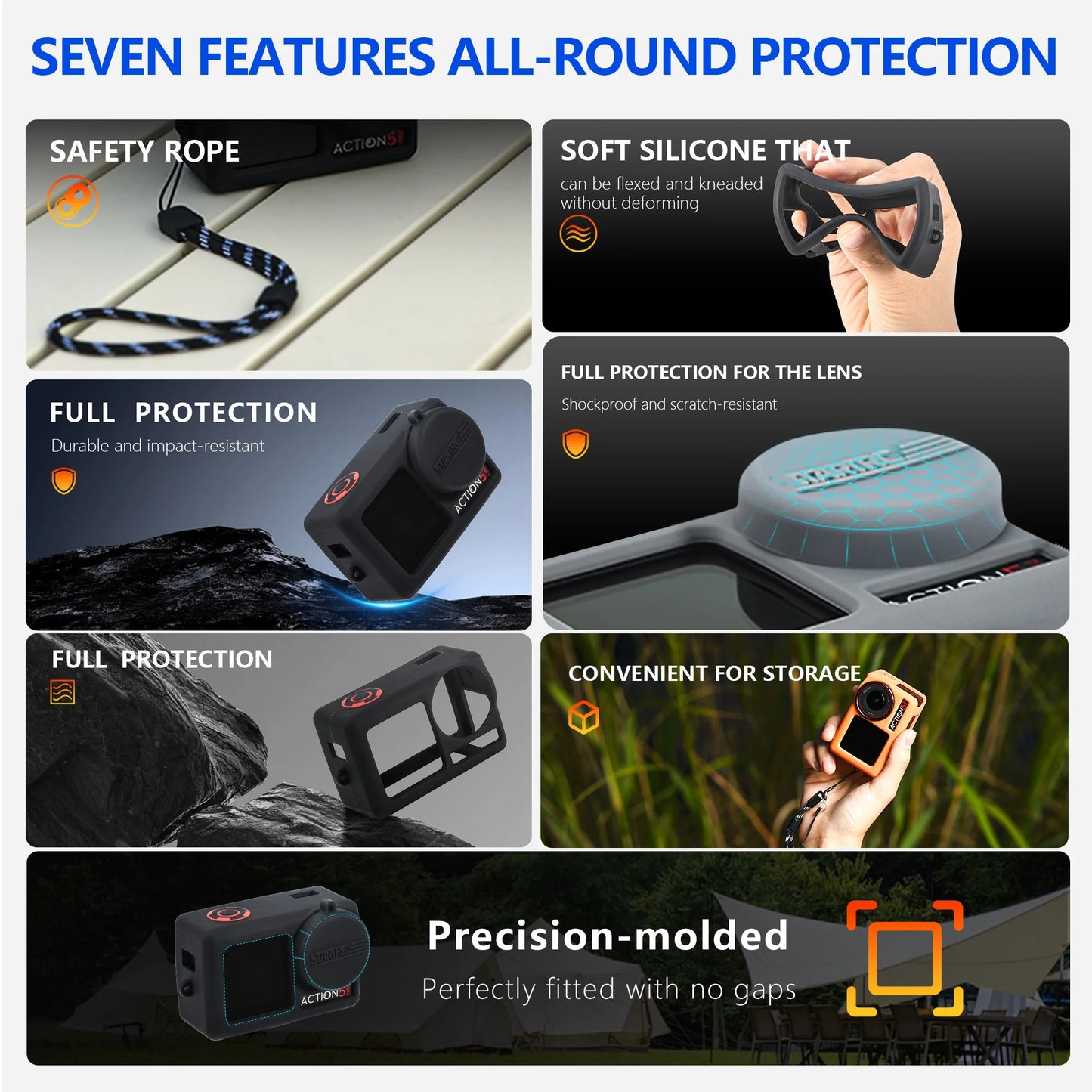STARTRC Silicone Protective Cover, The case offers seven protective features: secure grip, flexible silicone, impact resistance, scratch-proof lens cover, easy storage, precise fit, and full coverage for DJI Osmo Action 5 Pro.