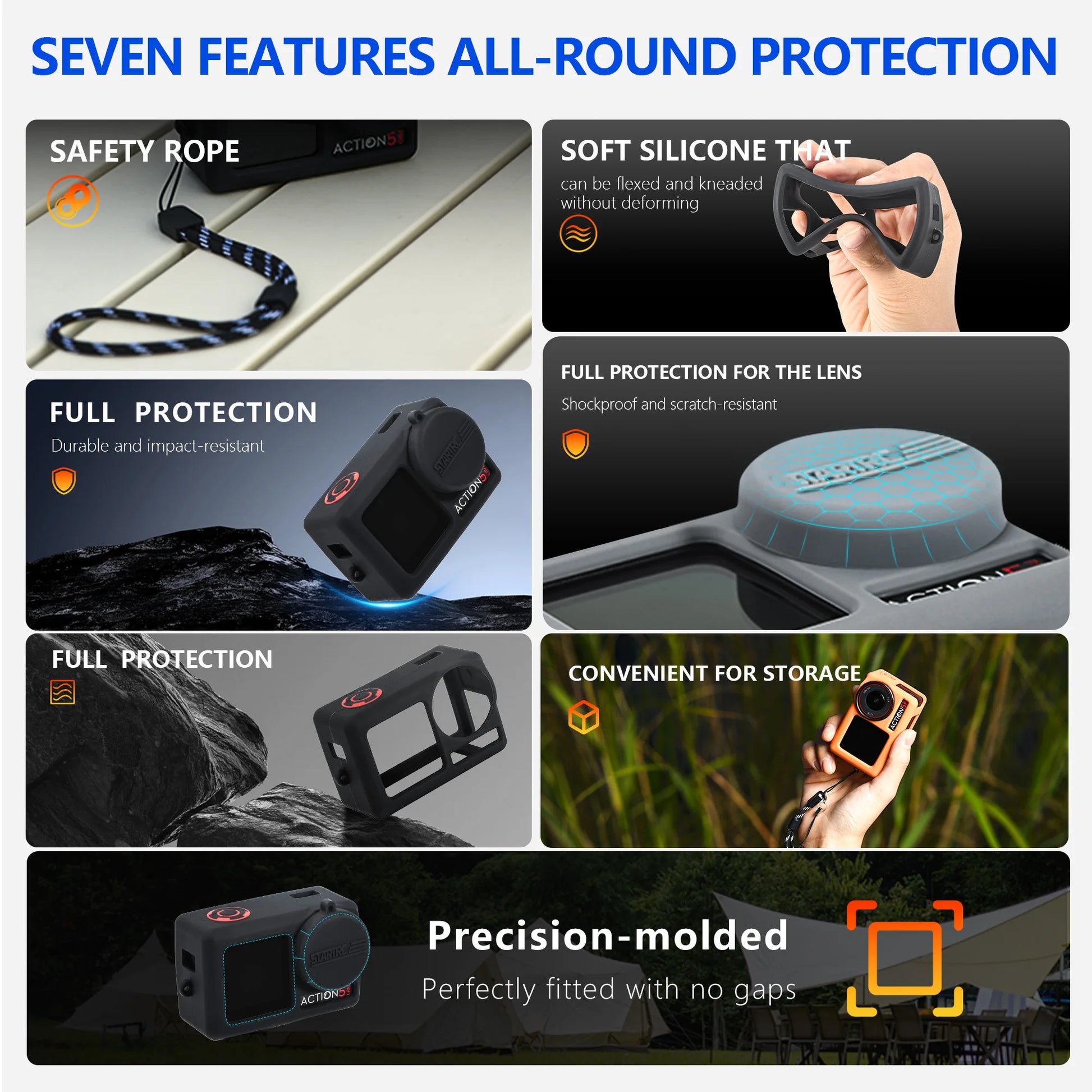 STARTRC Silicone Protective Cover, The case offers seven protective features: secure grip, flexible silicone, impact resistance, scratch-proof lens cover, easy storage, precise fit, and full coverage for DJI Osmo Action 5 Pro.