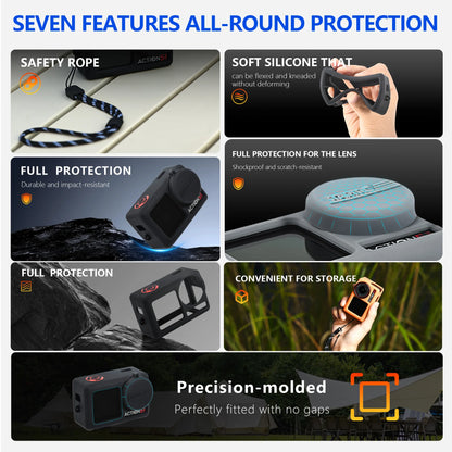 STARTRC Silicone Protective Cover, The case offers seven protective features: secure grip, flexible silicone, impact resistance, scratch-proof lens cover, easy storage, precise fit, and full coverage for DJI Osmo Action 5 Pro.