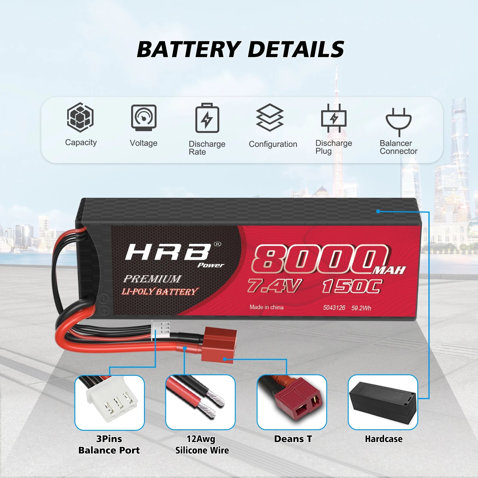 2PCS HRB RC Lipo 3S 4S 6S Battery, BATTERY DETAILS Capacity Voltage Discharge Configuration Discharge