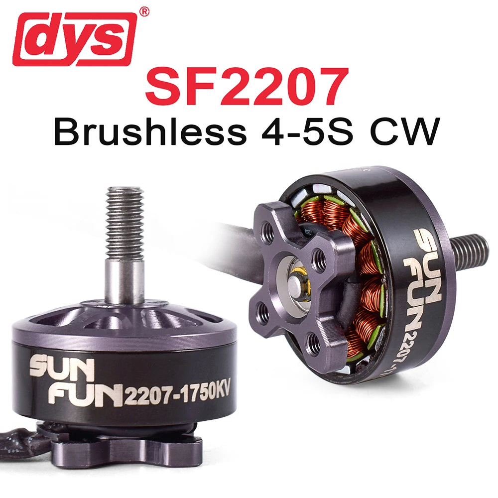 DYS SF2207 brushless motor for FPV drones, SUN FUN branded, with 4-5S CW compatibility and multiple KV options.