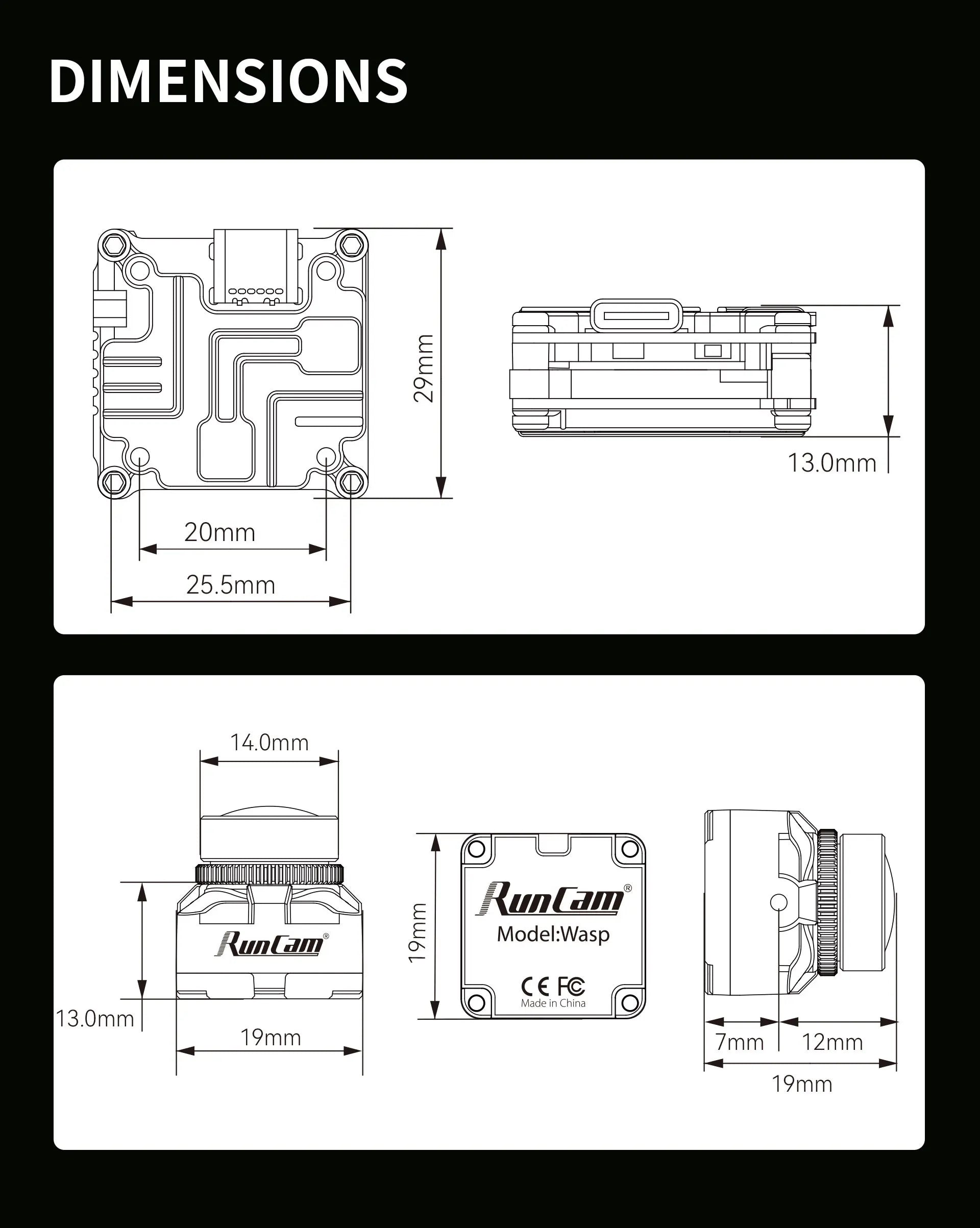 RunCam Link Wasp - Digital FPV VTX 120FPS 4:3 Camera DJI HD System 18 RunCam Link Wasp, DIMENSIONS Oo 8 13.Omm 2 Omm 25.5mm 14.Omm