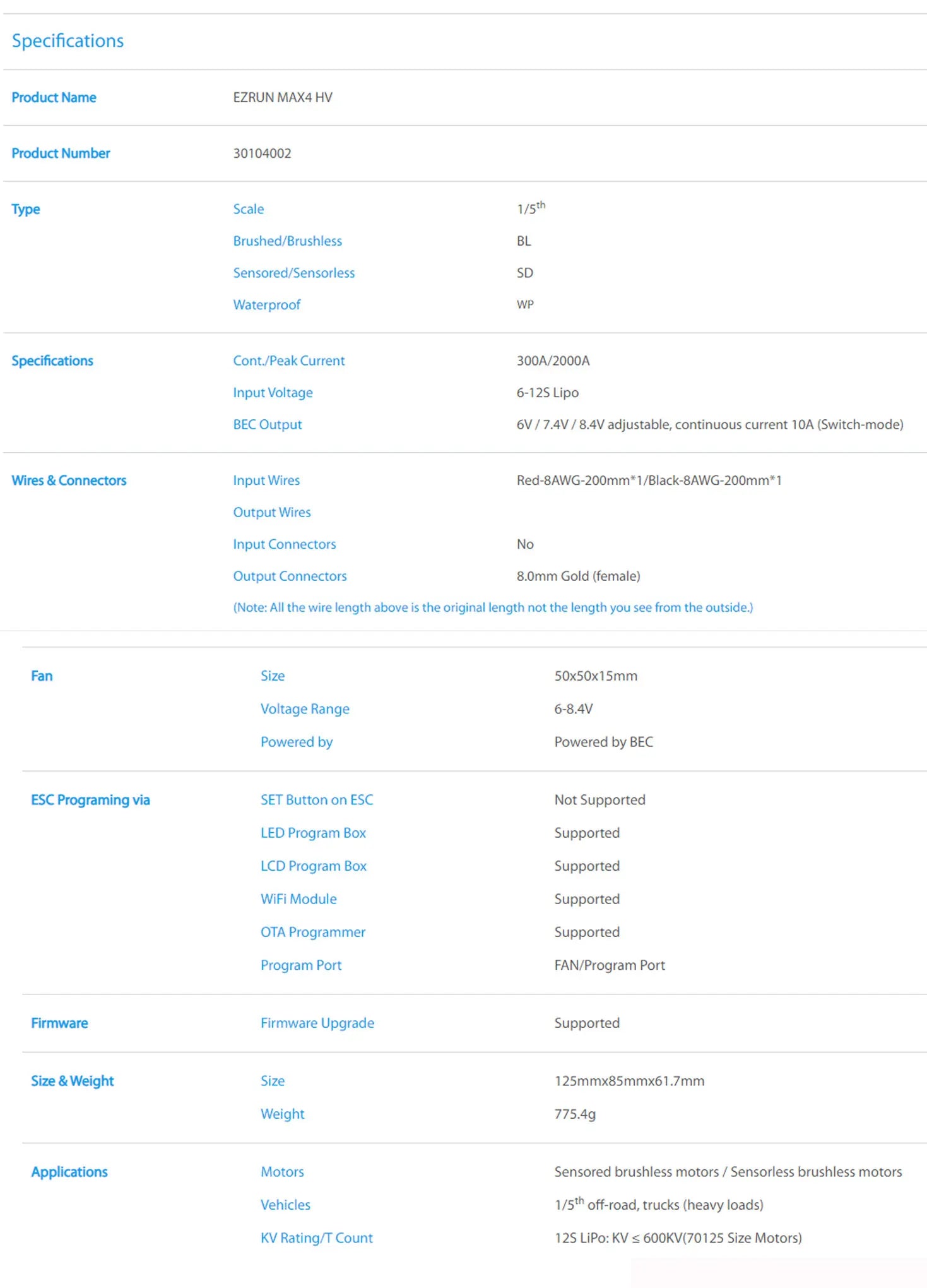 Hobbywing EZRUN MAX4 HV 300A ESC, EZRUN MAX4 HV Product Number 30104002 Type Scale