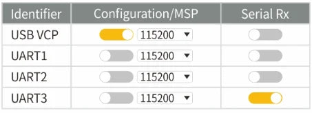 Identifier Configuration/MSP Serial Rx USB VCP 115200 UART