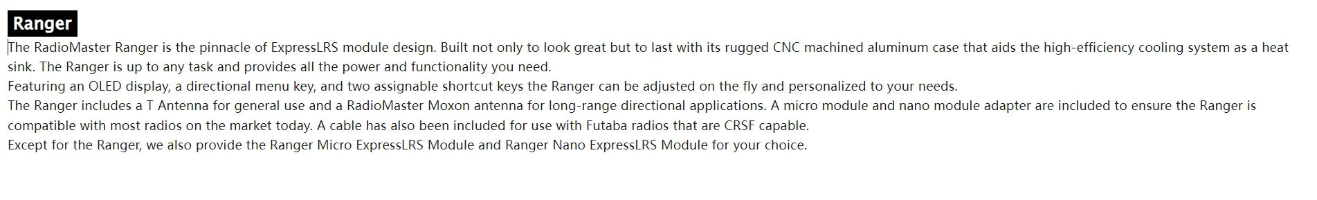 RadioMaster RANGER ELRS. Featuring an OLED display. a directional menu key. and two assignable shortcut