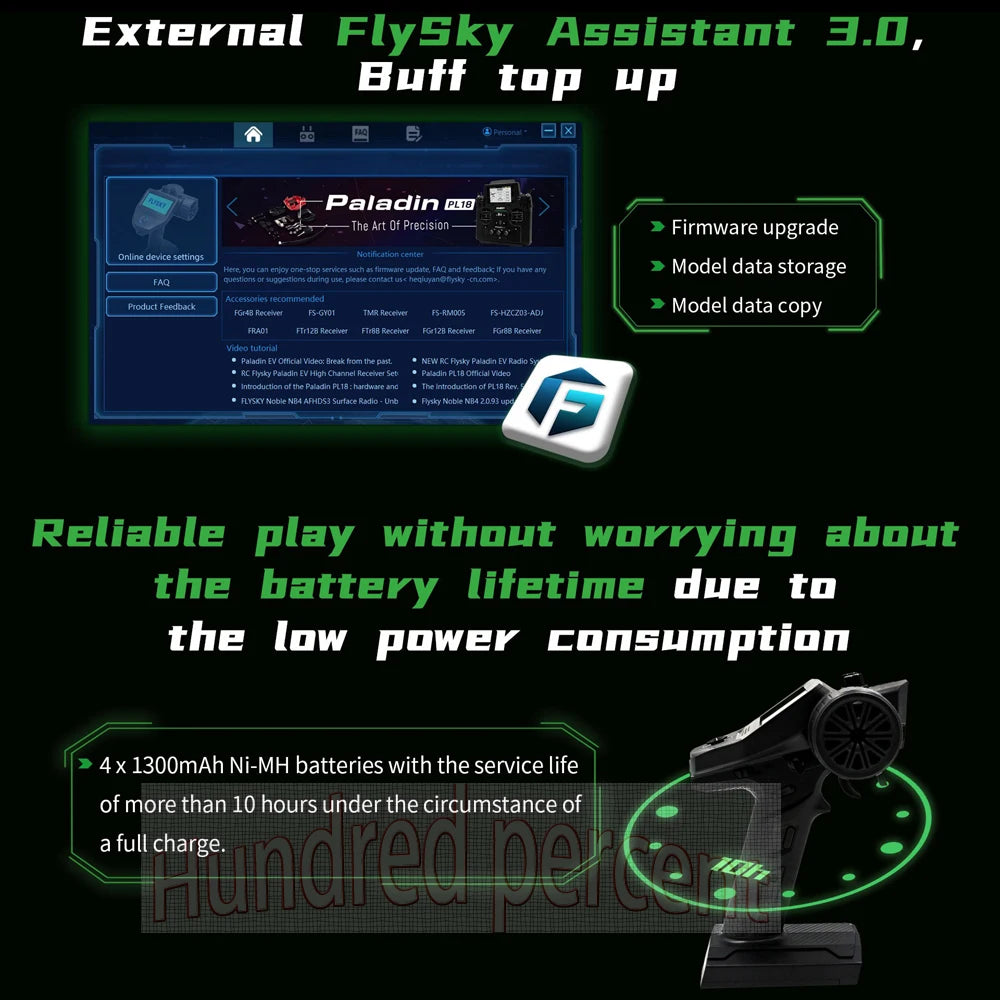 FLYSKY FS-G7P R7P, 4x 130OmAh Ni-MH batteries with the service life of more than 10 hours under