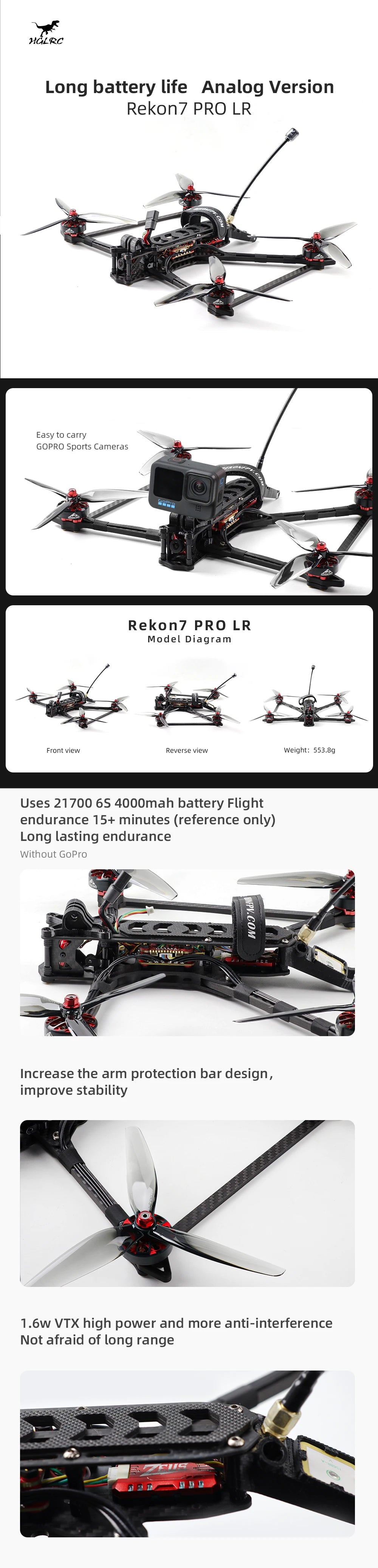HGLRC Rekon 7 PRO Long Range FPV Drone 6S, YGLRC Long battery life Analog Version Rekon7 PRO LR Easy to carry