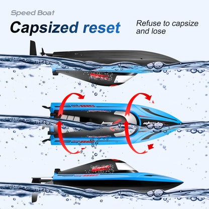 RC Boat, High-speed 40 km/h RC boat with 2.4G waterproof control, 200m range, self-righting feature, 7.4V 1800mAh battery, ideal for pools and lakes.