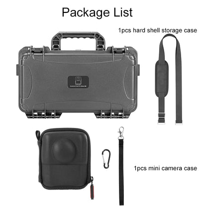 Durable hard shell case with mini camera compartment, strap, carabiner, EVA foam lining, and pressure valve for protection and portability.