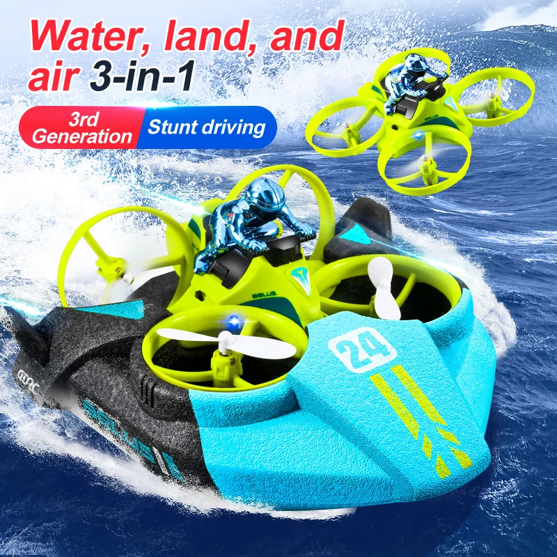 4DRC V24 Mini RC Drone, 3-in-1 RC hovercraft for water, land, and air; features 2.4GHz control, altitude hold, headless mode, and stunt driving capabilities.