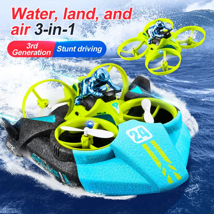 4DRC V24 Mini RC Drone, 3-in-1 RC hovercraft for water, land, and air; features 2.4GHz control, altitude hold, headless mode, and stunt driving capabilities.