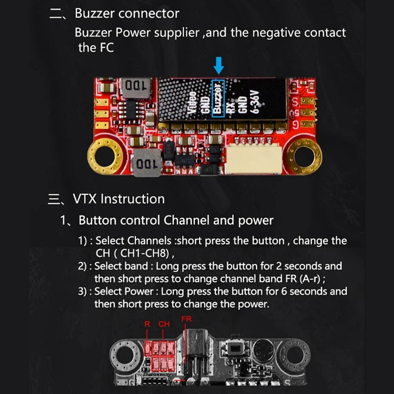 Pandarc VT5804M L1 VTX, 'short press the button , change the CH ( CHI-CH8) 2)