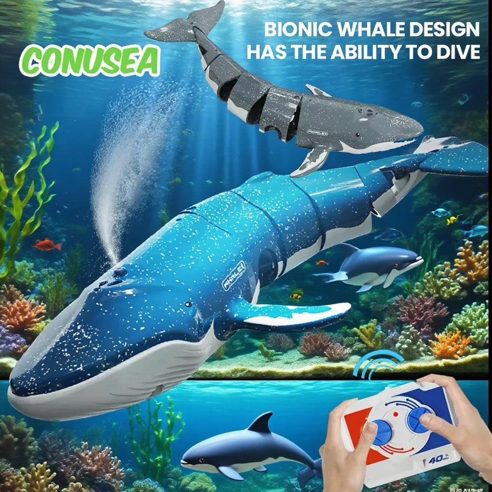 Bionic whale RC toy features remote control, dual propellers, water spray, 10-meter range, and 10-minute runtime.