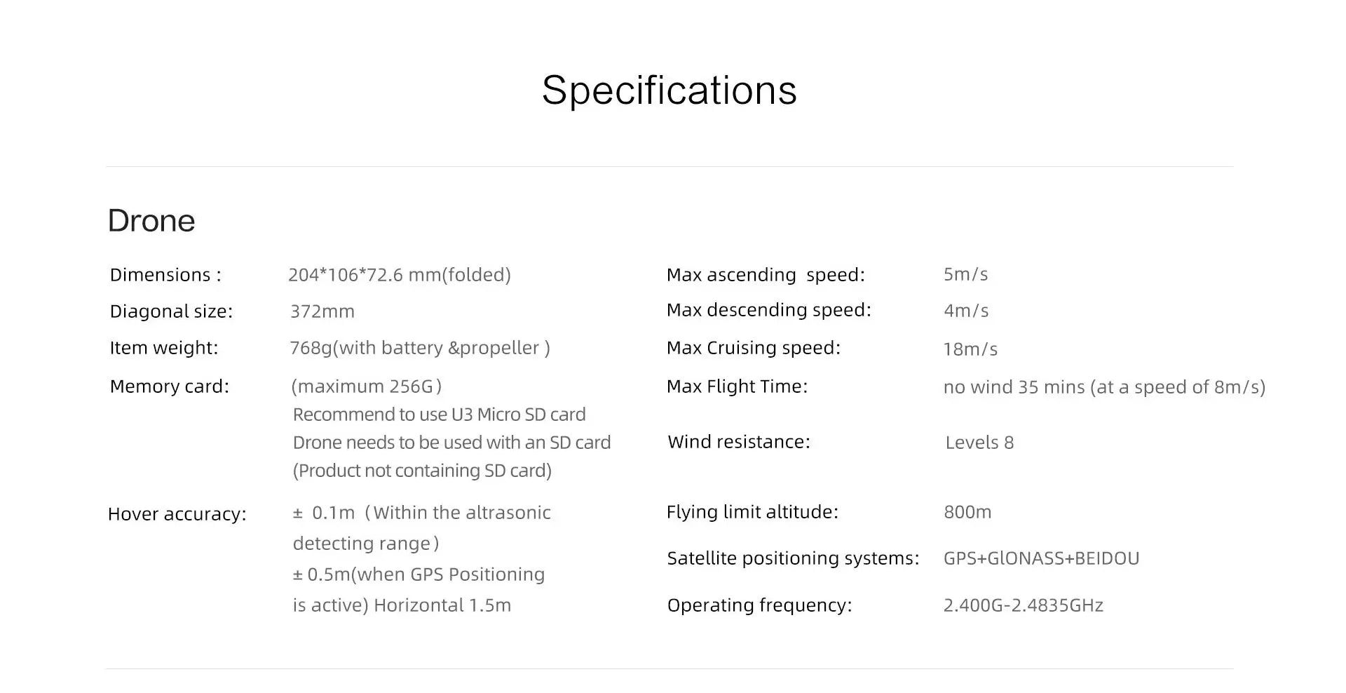 FIMI X8se 2022 V2 Drone, Specifications Drone Dimensions 204*106*72.6 mm(folded