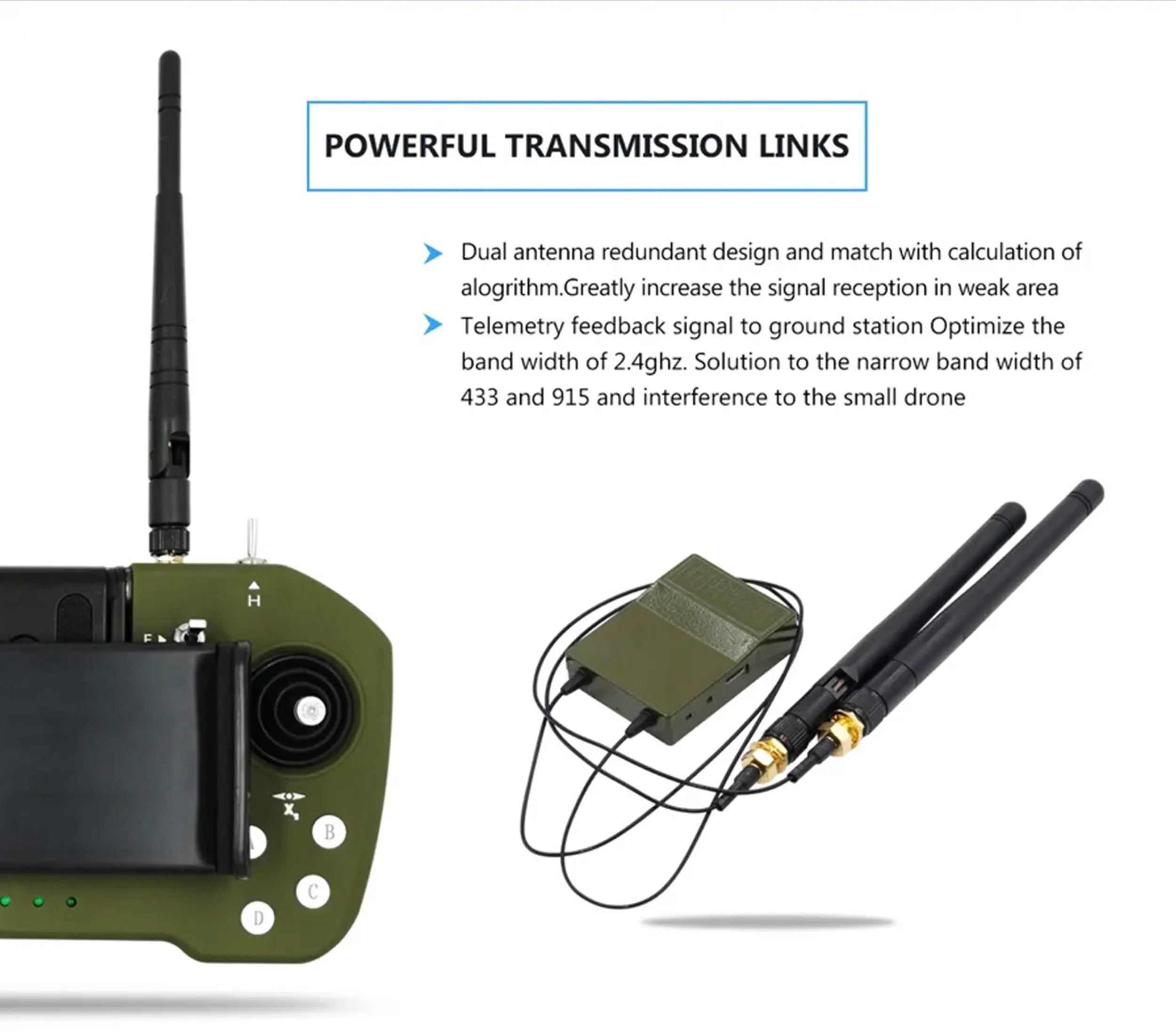 Skydroid M12L, Robust signal reception in weak areas with dual antenna design and optimized telemetry feedback.